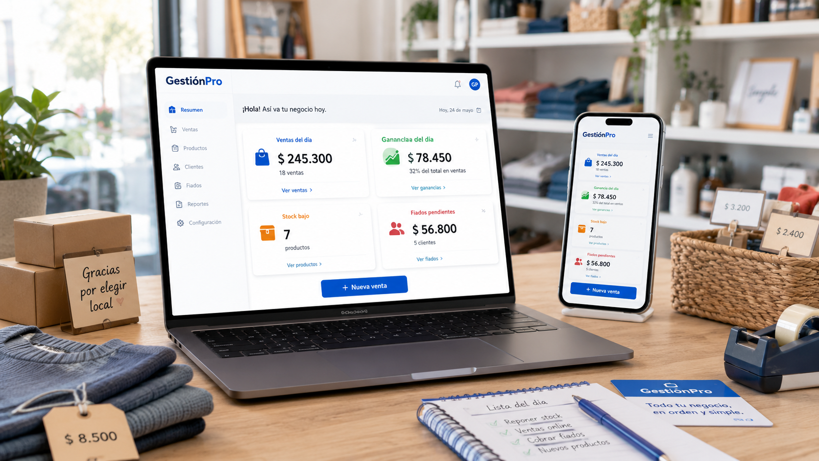 Gestión Pro en laptop y celular dentro de un comercio